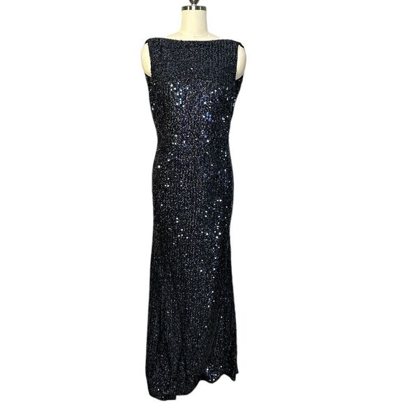 Mac Duggal 26331 Blue Cowl Back Boat Neck Sequined Evening Gown | Size 10 - Picture 7 of 12